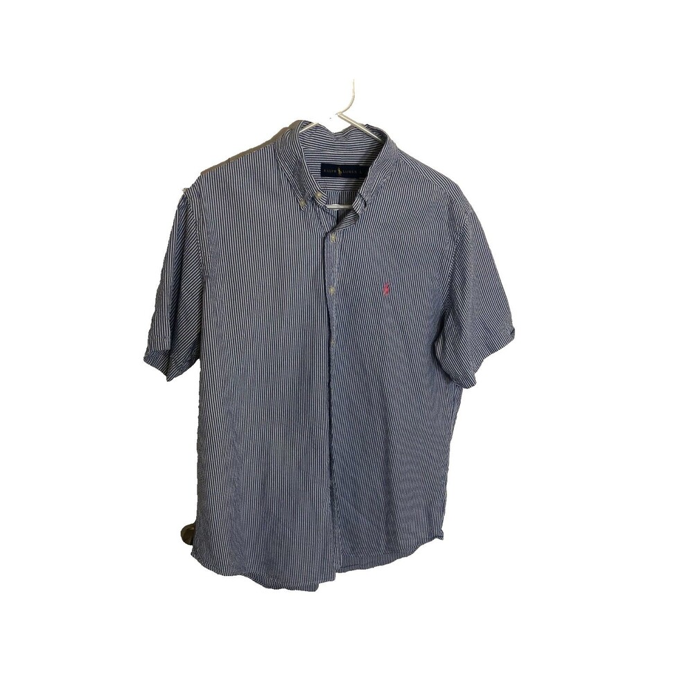 Ralph Lauren Men’s Large Short Sleeve Seersucker Button Down Shirt Blue White